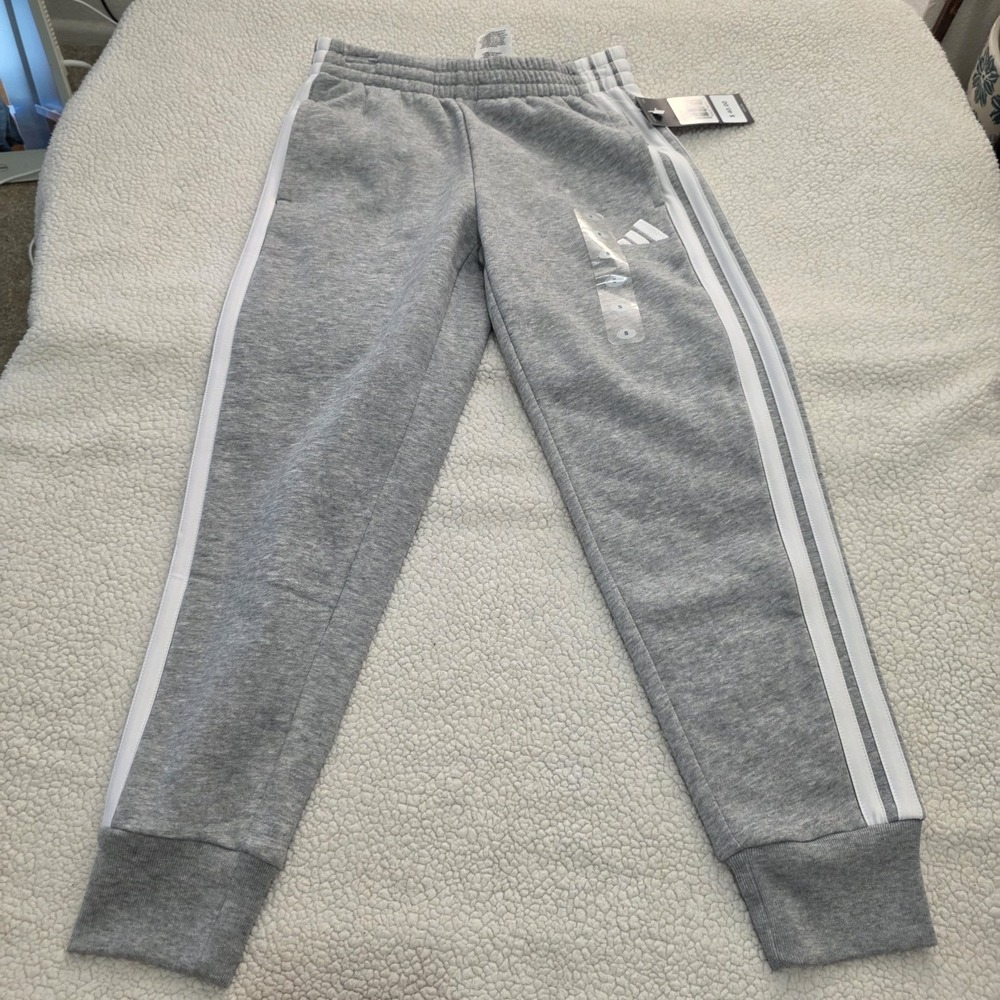 Adidas Girls Gray Fleece Lined Joggers Sweatpants Small 7/8 AH66 JC YA2